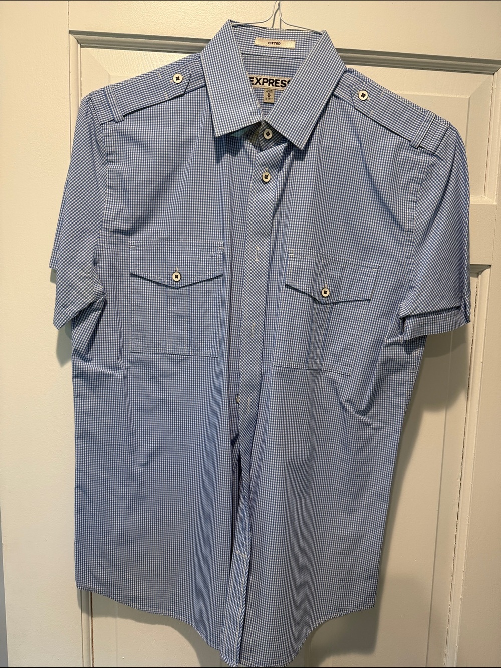 Express Men's Short-Sleeve Button-Down Shirt in Light Blue Gingham (M)